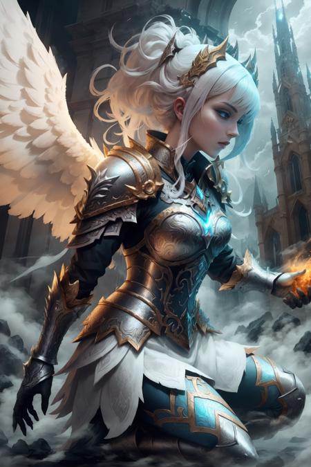 00240-1 girl, woman, angel, blond hair, silver armor, large pair of wings, complex pattern, slaying a demon, battle roar, Battlefield, 2023-07-17.png